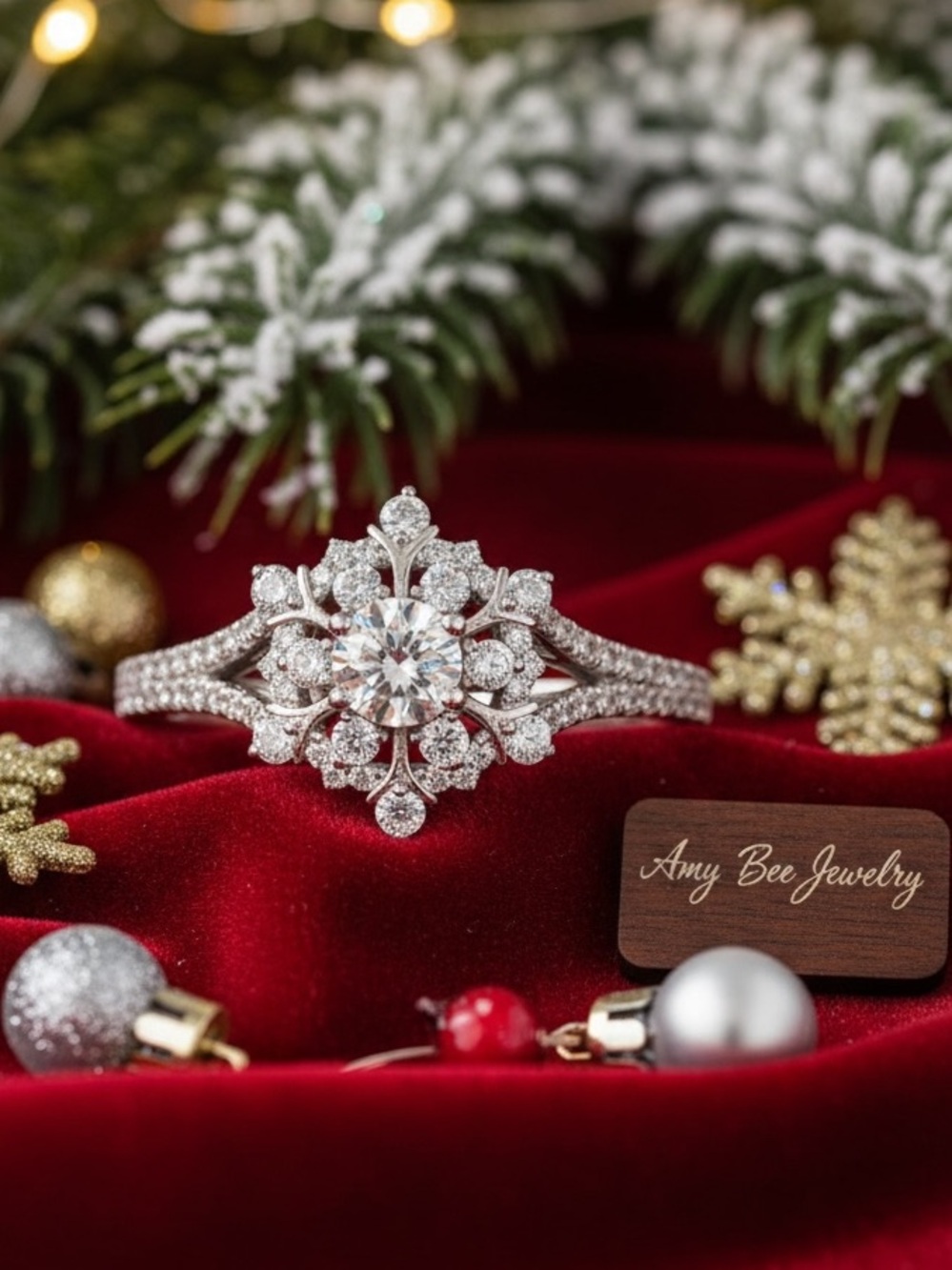 White Gold Plated  Snowflake Halo Ring with Sparkling CZ Gemstones. New